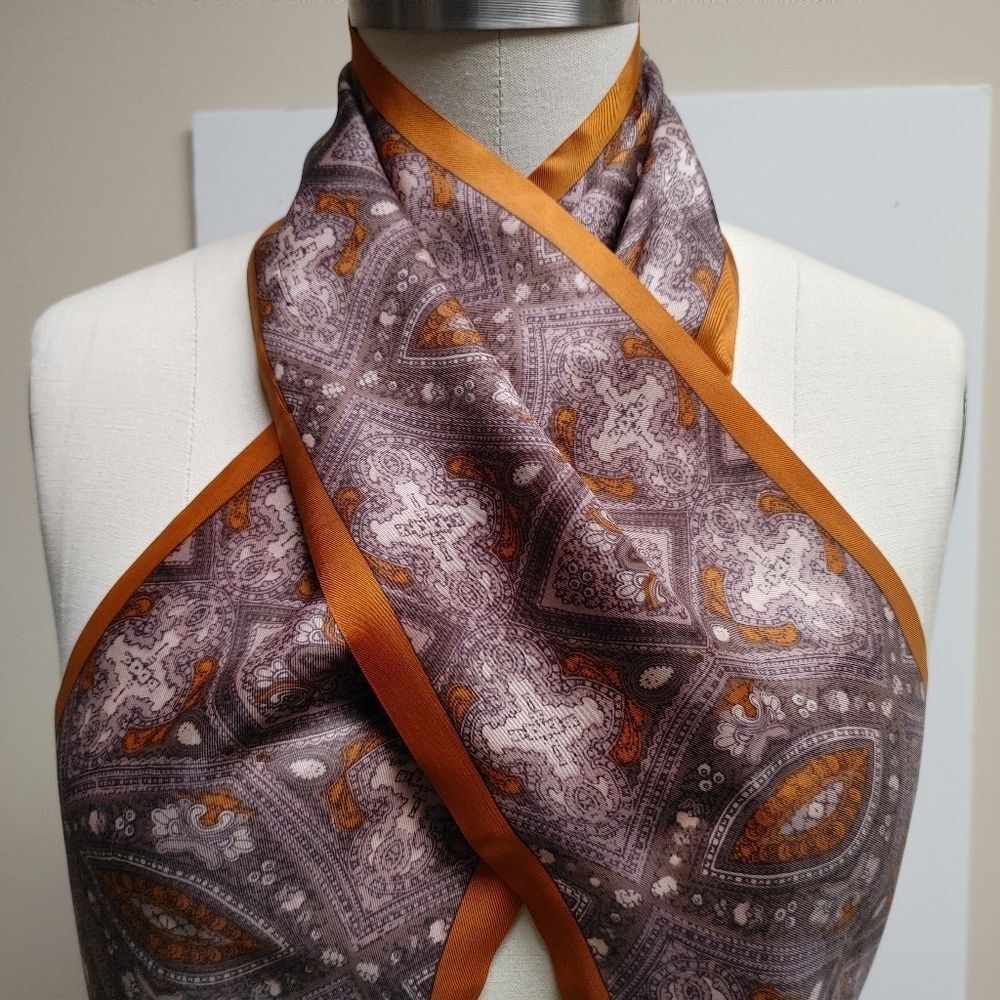 Vintage Rossini Pure Silk Long Scarf Auburn Taupe Boho Fall Quiet Luxury